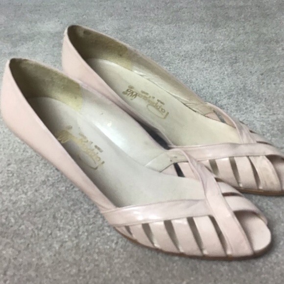 Pappagallo Leather Open Toe Heels Spain Pale Pink Size 7 Vintage - Picture 5 of 12